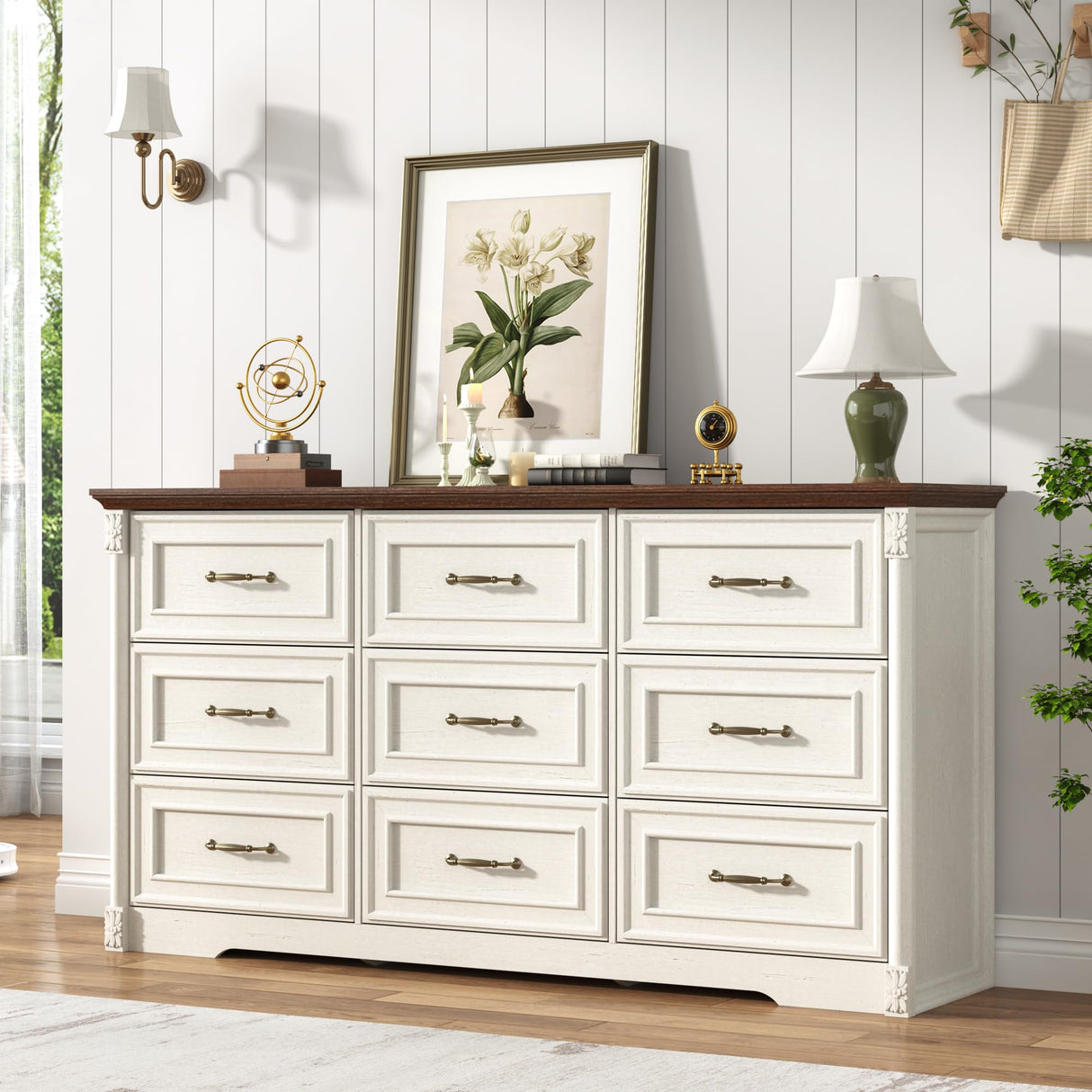 Farmhouse Wood 9 Drawer Dresser for Bedroom,Embossed Roman Column Wood Rustic 63 Inch Wide Dresser & Chest of Drawers with Rustic Handles,Tall Storage Organizer for Bedroom(Antique White) chartustriable