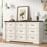 Farmhouse Wood 9 Drawer Dresser for Bedroom,Embossed Roman Column Wood Rustic 63 Inch Wide Dresser & Chest of Drawers with Rustic Handles,Tall Storage Organizer for Bedroom(Antique White) chartustriable
