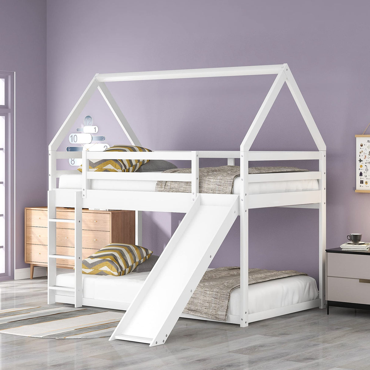 Harper & Bright Designs Twin Over Twin Low Bunk Bed with Slide, Solid Wood House Bunk Bed for Kids Girls Boys (White) Harper & Bright Designs