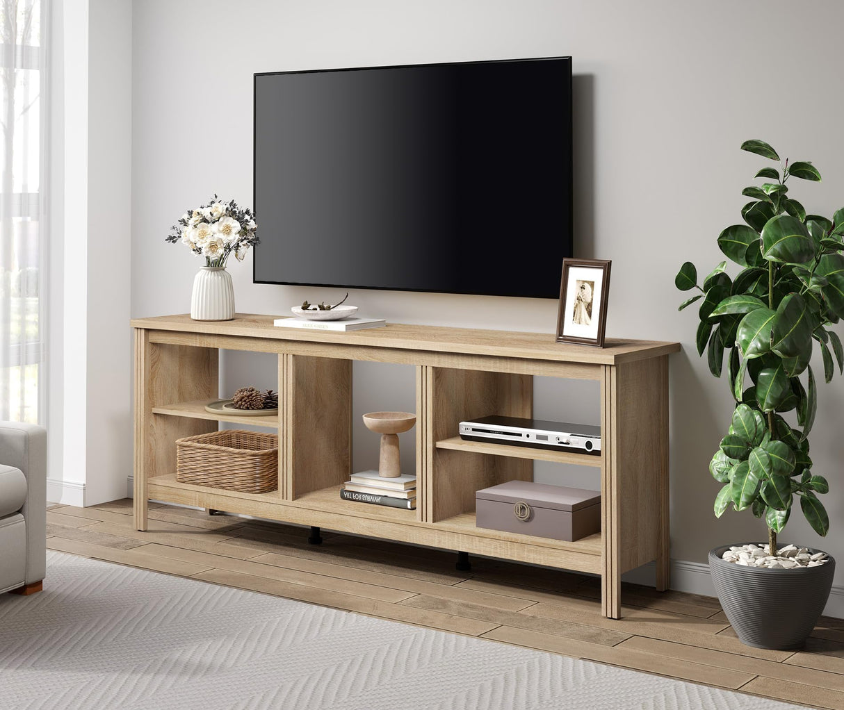 WAMPAT Farmhouse TV Stand for TVs up to 75 Inch, Oak Entertainment Center for 80 inch TV Console Table with 5 Cubby Storages for Living Room Bedroom, 70 inch WAMPAT