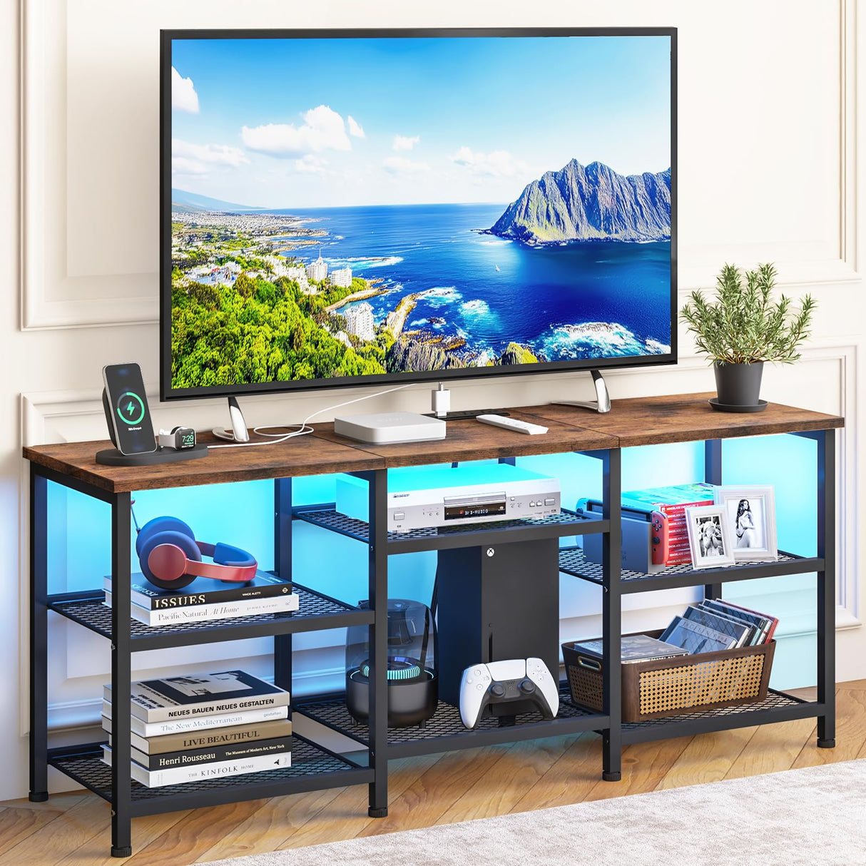 YGEOMER TV Stand for 55 inch TVs, Entertainment Center with Movable Shelf Panels, Power Outlet and LED Lights Open Storage Shelves, TV Media Console Table for Living Room and Bedroom, Rustic Brown YGEOMER