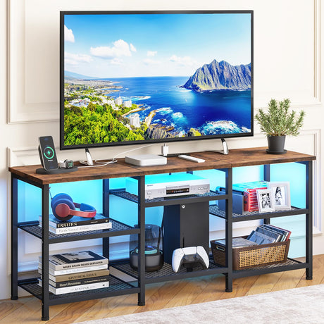 YGEOMER TV Stand for 55 inch TVs, Entertainment Center with Movable Shelf Panels, Power Outlet and LED Lights Open Storage Shelves, TV Media Console Table for Living Room and Bedroom, Rustic Brown YGEOMER