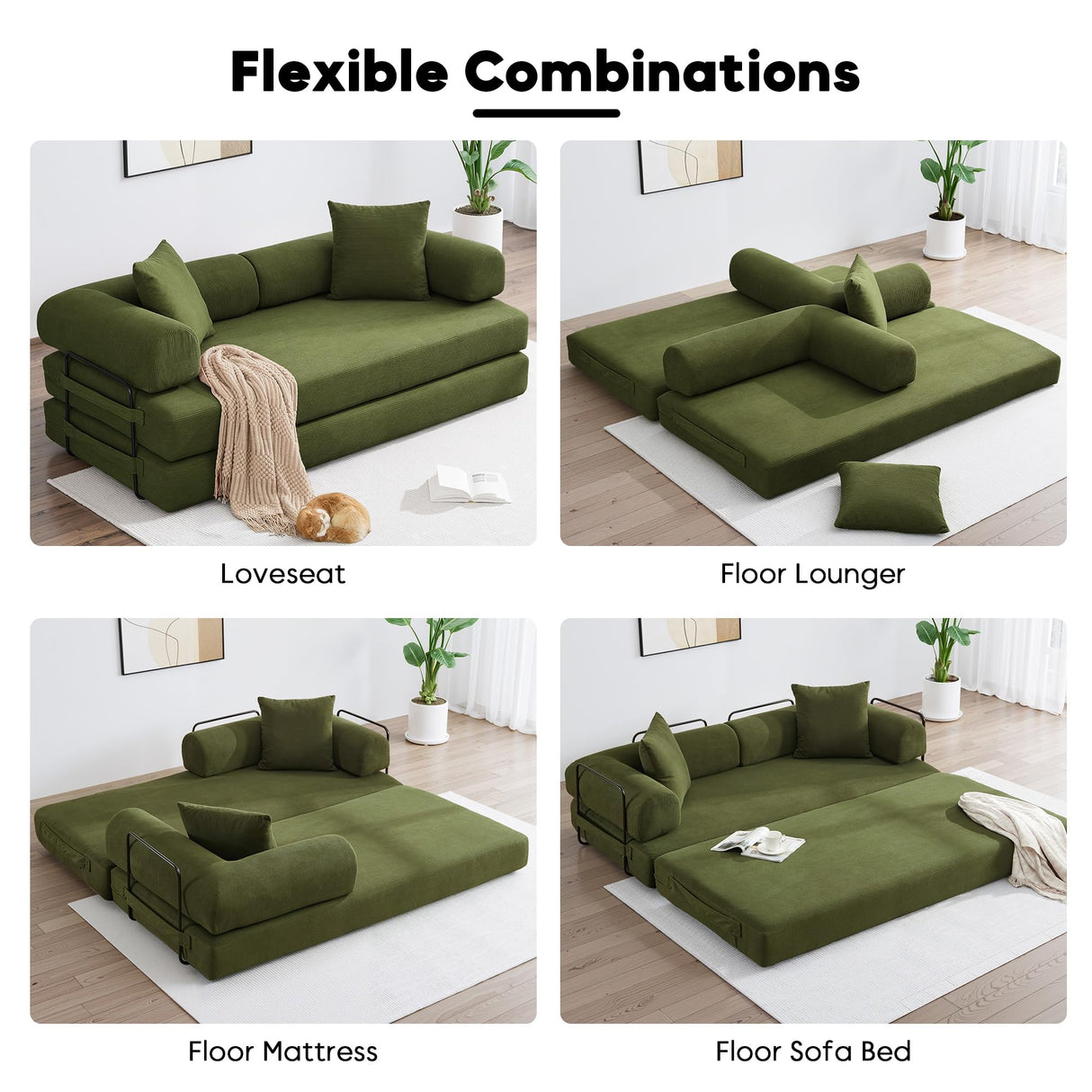 ZEIINPA Convertible Sleeper Sofa Bed with Cylindrical Pillow, Corduroy Folding Mattress Couch with Fixed-Shape Frame, Floor Sofa Lounge Couch for Living Room Bedroom Lounge Studio-Green ZEIINPA