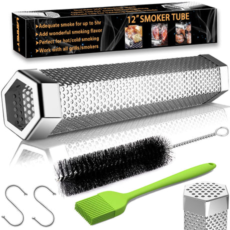 Smoke Tube for Pellet Smoker, 12'' Smoker Tube for Pellet Grill - Hot or Cold Smoker Accessories for Electric Gas Charcoal Grilling, Premium Stainless Steel Portable Barbecue Smoking Tube, Bonus Brush LANNEY