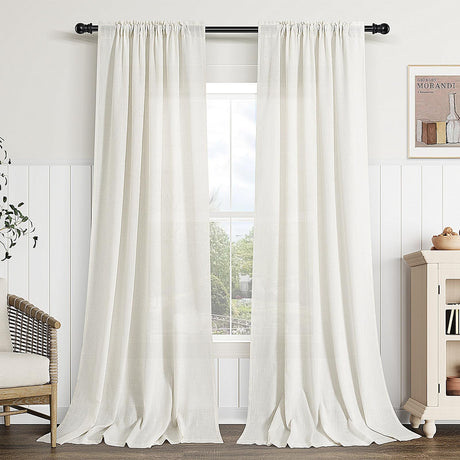 Guken Natural Linen Curtains 84 Inch Length for Living Room Bedroom 2 Panels Set Rod Pocket Light Filtering Semi Sheer Window Curtains 52 Inch Width Boho Farmhouse Linen Drapes Cream Ivory, W52xL84 Guken