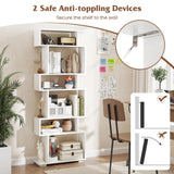 Tangkula 6-Tier S-Shaped Bookshelf, 64" Freestanding Geometric Bookcase, Home Office Wood Storage Shelf with Anti-Toppling Device, Room Divider Display Rack for Study, Living Room (1, White) Tangkula