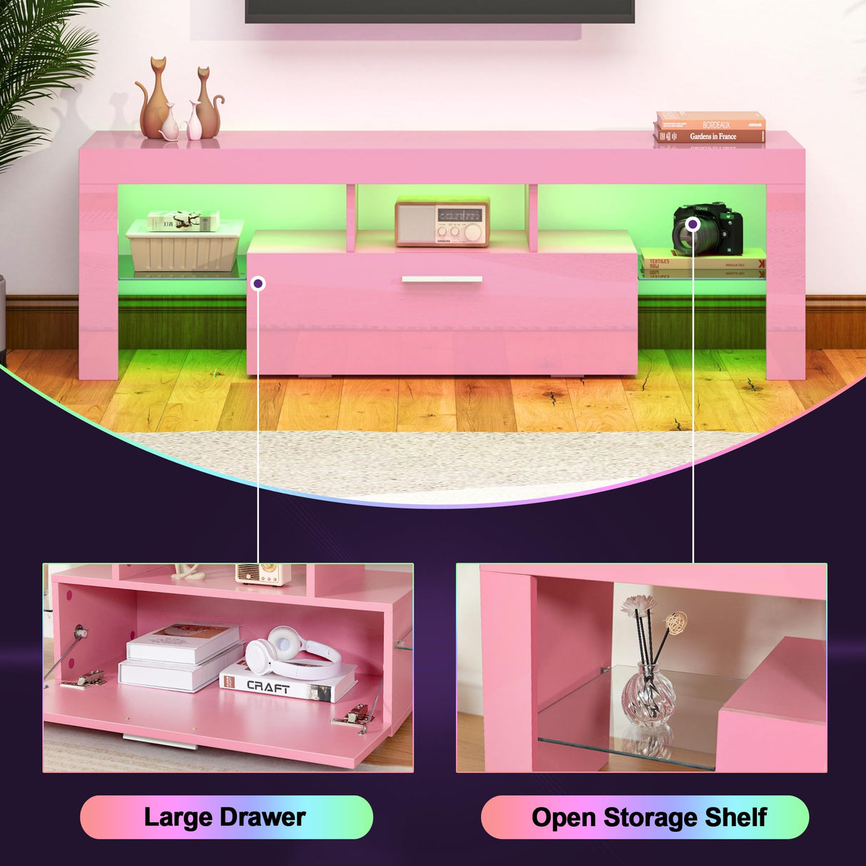 Clikuutory Pink LED TV Stand with Large Storage Drawer for 32 40 50 55 Inch TVs, Modern High Gloss TV Console Table with Entertainment Center for Living Room, Bedroom, Pink Clikuutory