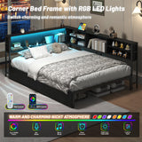 Bellemave Full Size Corner Bed Frame with Storage, Full Captains Bed with Charging Station and LED Light, Wood Daybeds with L-Shaped Bookcase and 2 Drawers, Black Bellemave