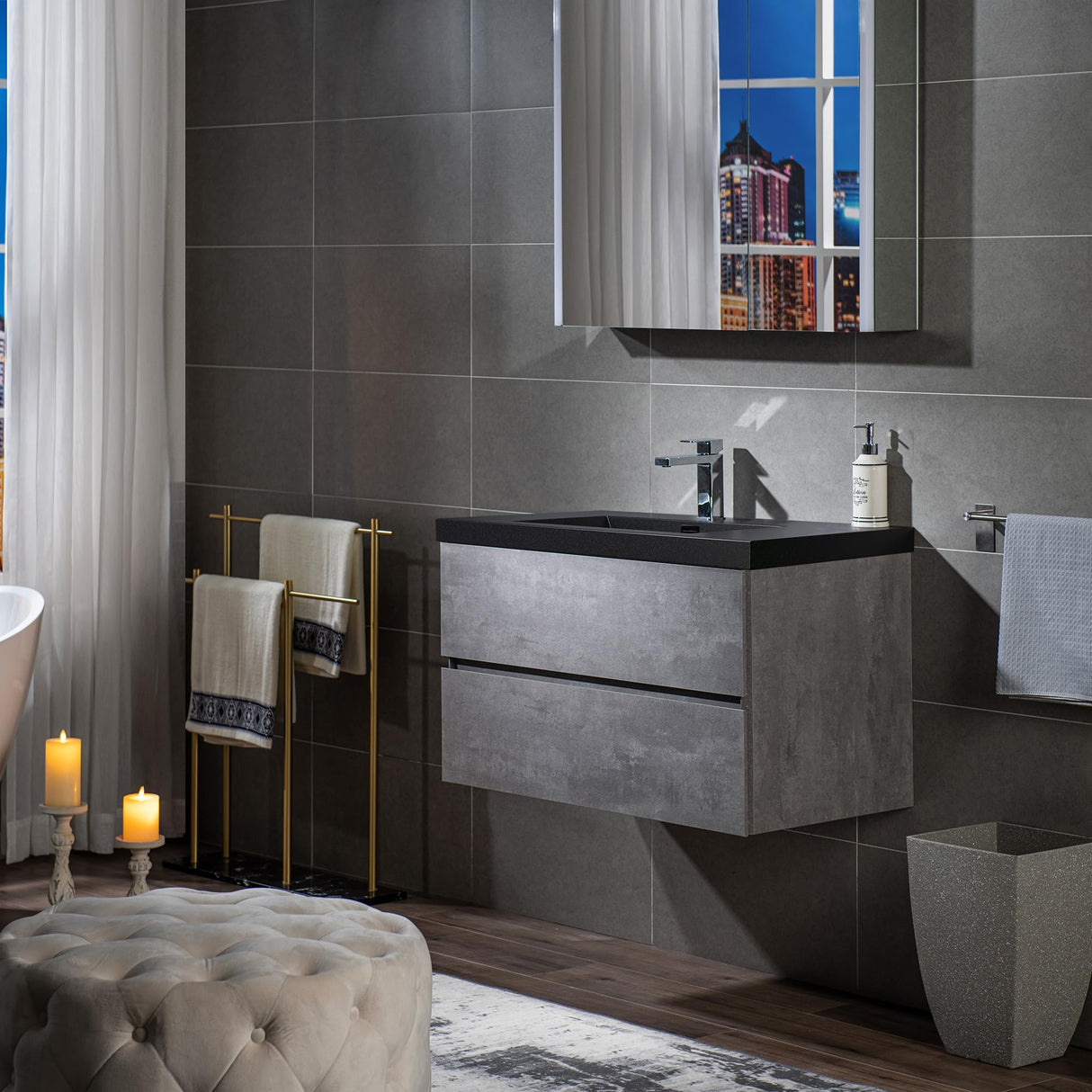 WOODBRIDGE 36 in. W x 19 in. D Wall Mounted Floating Bathroom Vanity in Gray with Quartz Sand Composite Vanity Top in Matte Black WOODBRIDGE