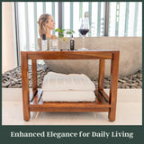 Teak Shower Bench - with Shelf, 25 Inch, Wooden Seat Stool for Bathroom, Spa, Garden, Fully Assembled, The Akar 25 The Teaky Hut