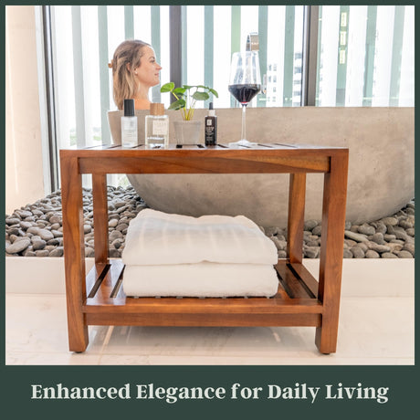 Teak Shower Bench - with Shelf, 25 Inch, Wooden Seat Stool for Bathroom, Spa, Garden, Fully Assembled, The Akar 25 The Teaky Hut