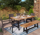 MFSTUDIO 6 Pieces Patio Dining Set with 4 Rattan Wicker Chairs,1 Acacia Wood Table and Bench,Outdoor Furniture Set with Removable Cushions for Patio,Garden,Lawn MFSTUDIO