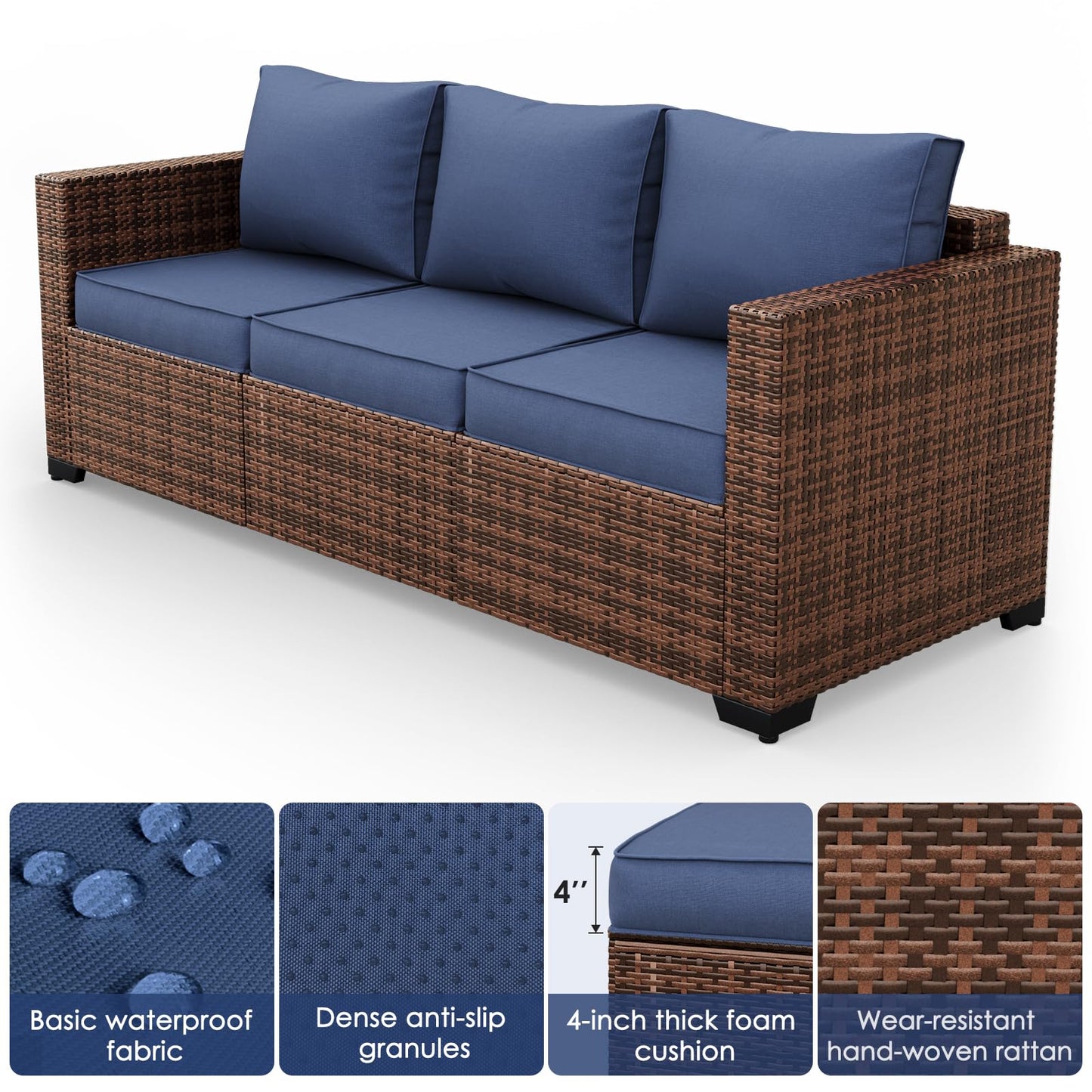 Amopatio Outdoor Patio Furniture Sets, 8 Pieces Wicker Patio Furniture, Outdoor Sectional Patio Couch Set with Ottoman, Outdoor Conversation Set with 44" Gas Fire Pit (Navy Blue)