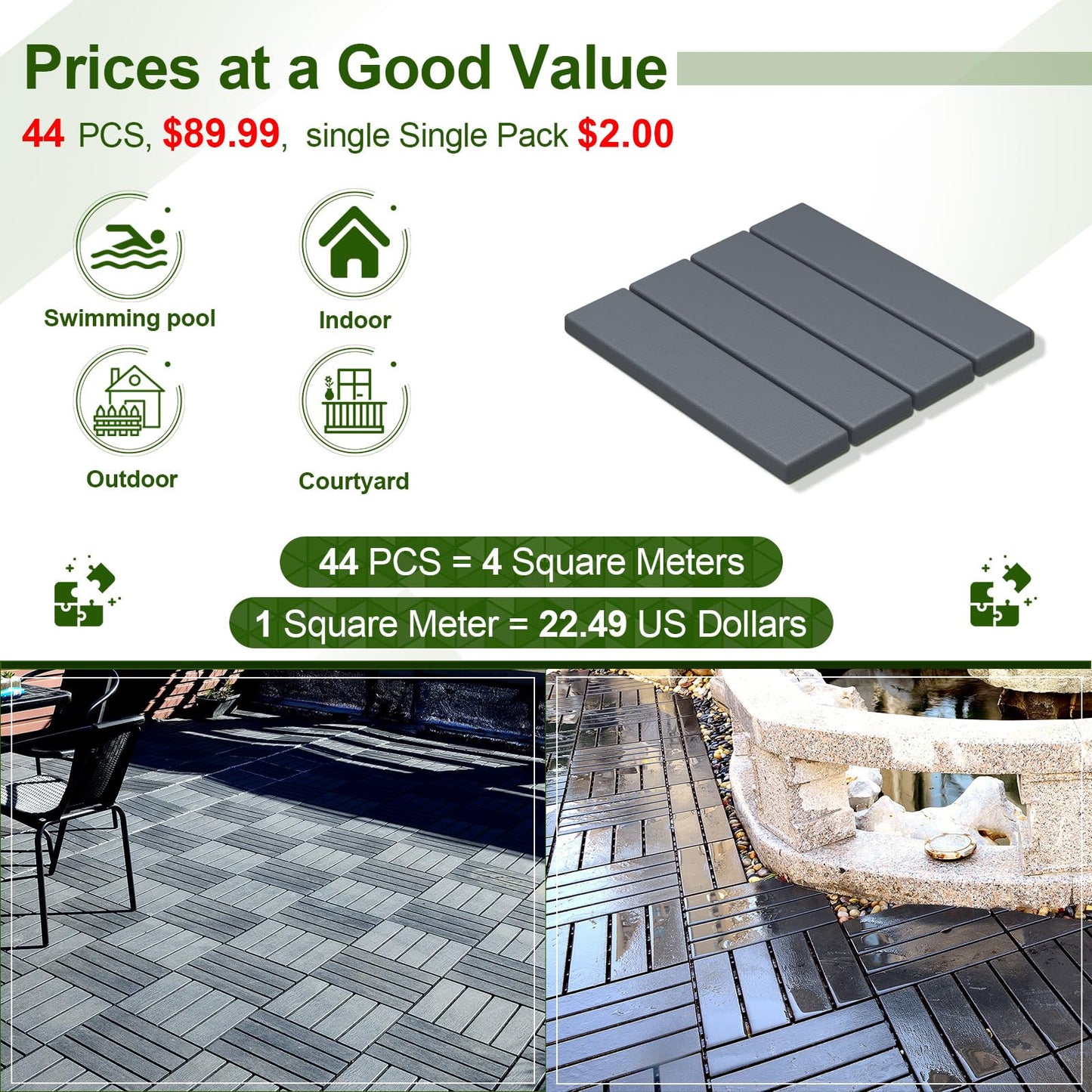 ZJT 44 Pack Plastic Interlocking Deck Tiles,44 sq.ft,12"x12"Indoor Outdoor Waterproof Patio Floor Decking Tiles All Weather Use for Balcony Backyard(Dark Grey Stripe)