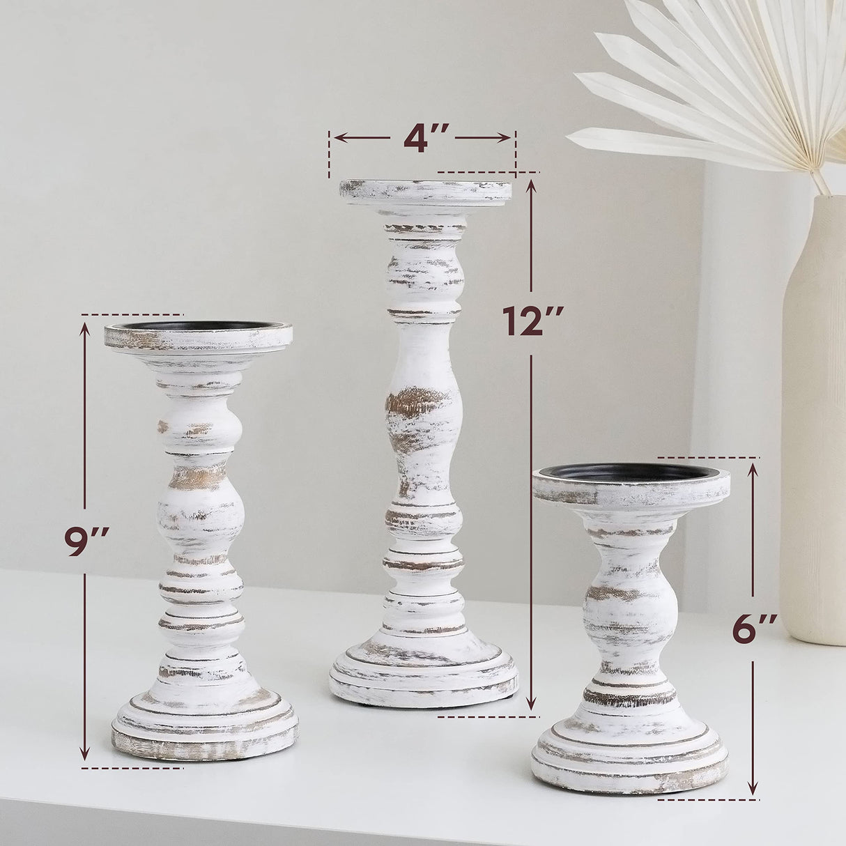 Large Candle Holders for Pillar Candles - Rustic Farmhouse Style Home Decor - Perfect for Table Centerpieces, Coffee Table or Fireplace Mantel - 3 Piece Set - White Luxe Designs