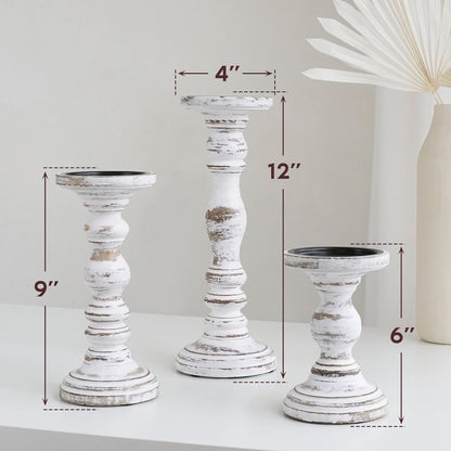 Large Candle Holders for Pillar Candles - Rustic Farmhouse Style Home Decor - Perfect for Table Centerpieces, Coffee Table or Fireplace Mantel - 3 Piece Set - White - WoodArtSupply