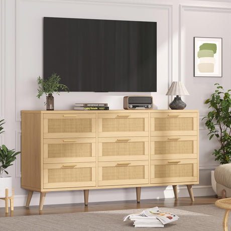Keehusux Rattan 9 Drawer Dresser for Bedroom, Accent Storage Dresser with Solid Wooden Legs, Long Chest of Drawers with Metal Handles for Closet, Living Room, Entryway, Natural KES003MDG Keehusux