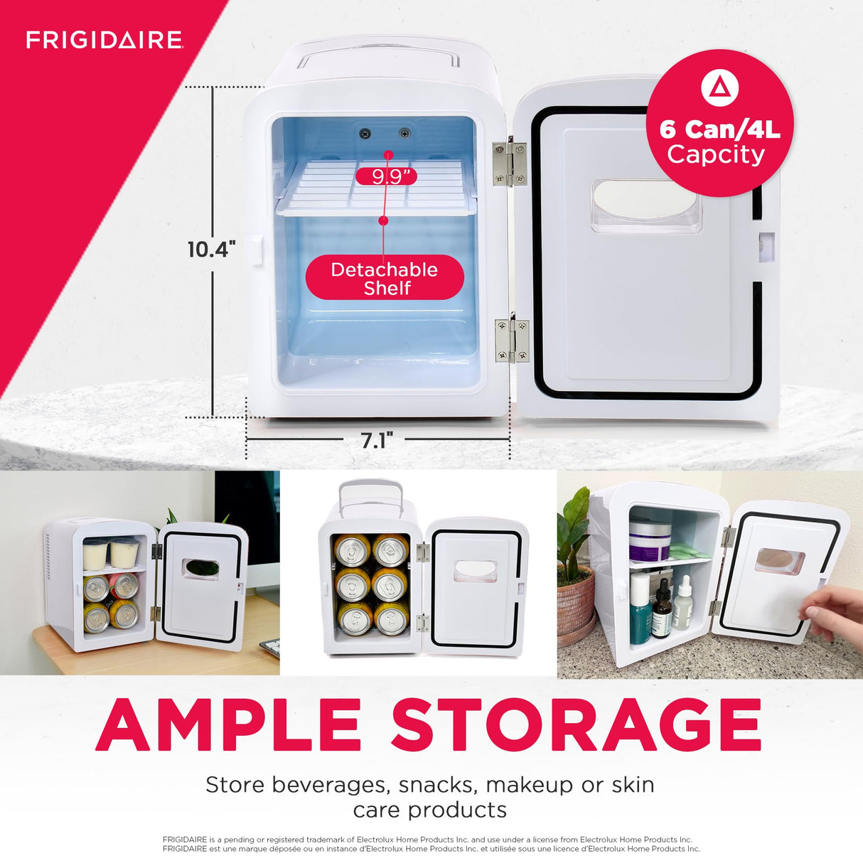 Frigidaire EFMIS129-WHITE White Mini Personal Fridge Cooler, 1 Gal Capacity fits Six Cans, Includes Plugs for Home Outlet & DC Charger-9.84" D x 7.09" W x 10.35" H, standard Frigidaire