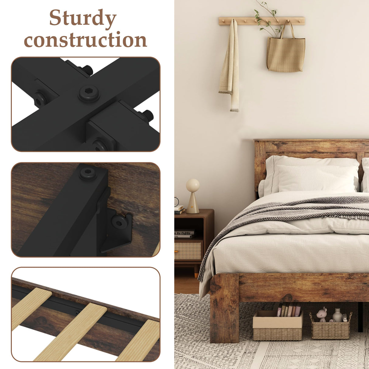 DWOYFO Wood Platform Bed Frame, King Bed Frame with Headboard and Wood Slat Support, Noise-Free,Easy Assembly, No Box Spring Needed, Dark Brown DWOYFO