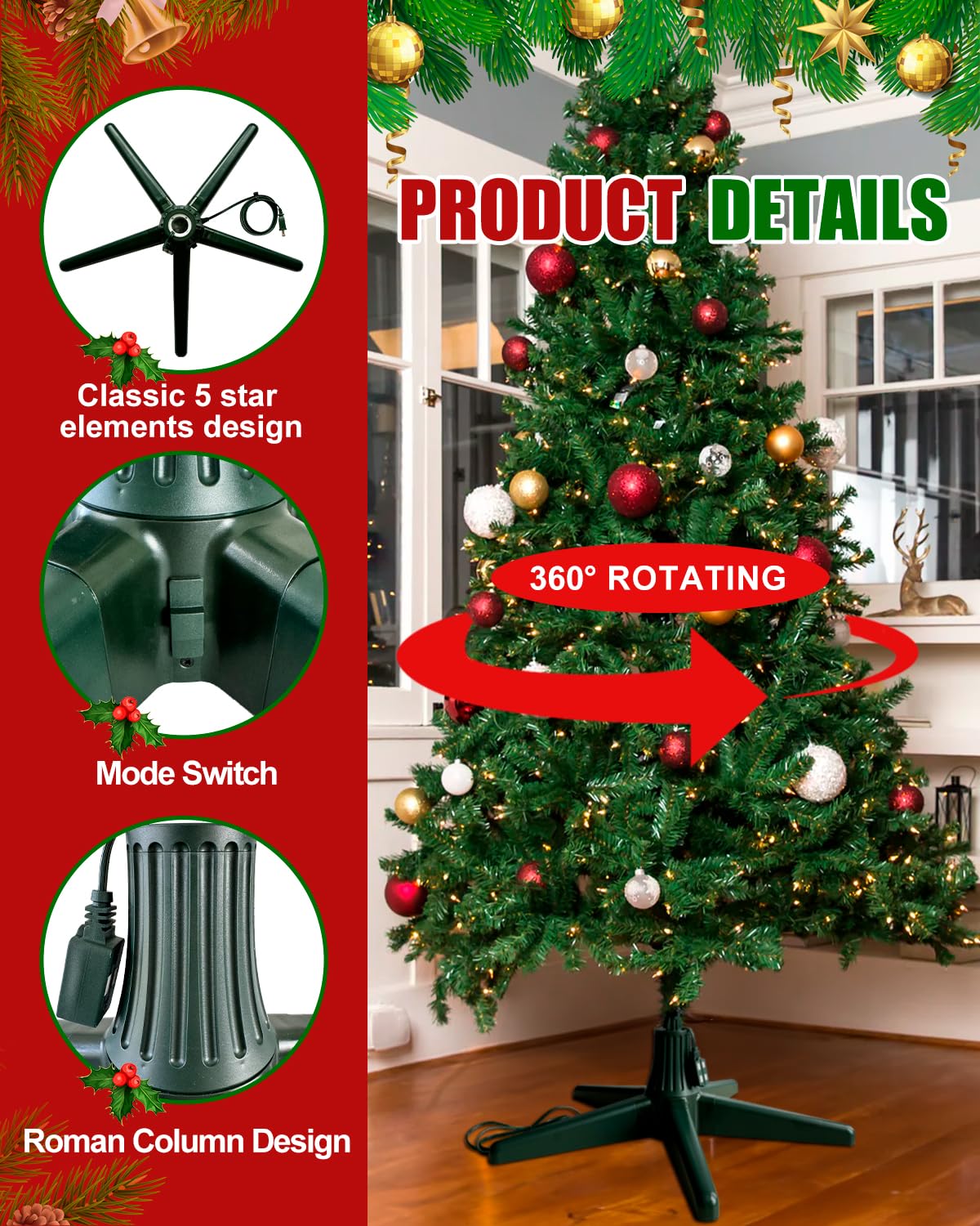 Piemow Rotating Christmas Tree Stand, Durable & Stable 5-Legged Tree Base for Up to 7.5ft 70lb Artificial Tree with 3 Adapters and Built-in Light Sockets, Dark Green