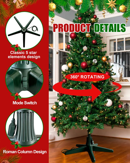 Piemow Rotating Christmas Tree Stand, Durable & Stable 5-Legged Tree Base for Up to 7.5ft 70lb Artificial Tree with 3 Adapters and Built-in Light Sockets, Dark Green