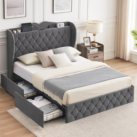 GAOMON Queen Size Bed Frame with 4 Storage Drawers and Charging Station, Velvet Upholstered Platform Bed with Tall Headboard and Storage Shelf, Wooden Slats Support, No Box Spring Needed, Light Grey GAOMON