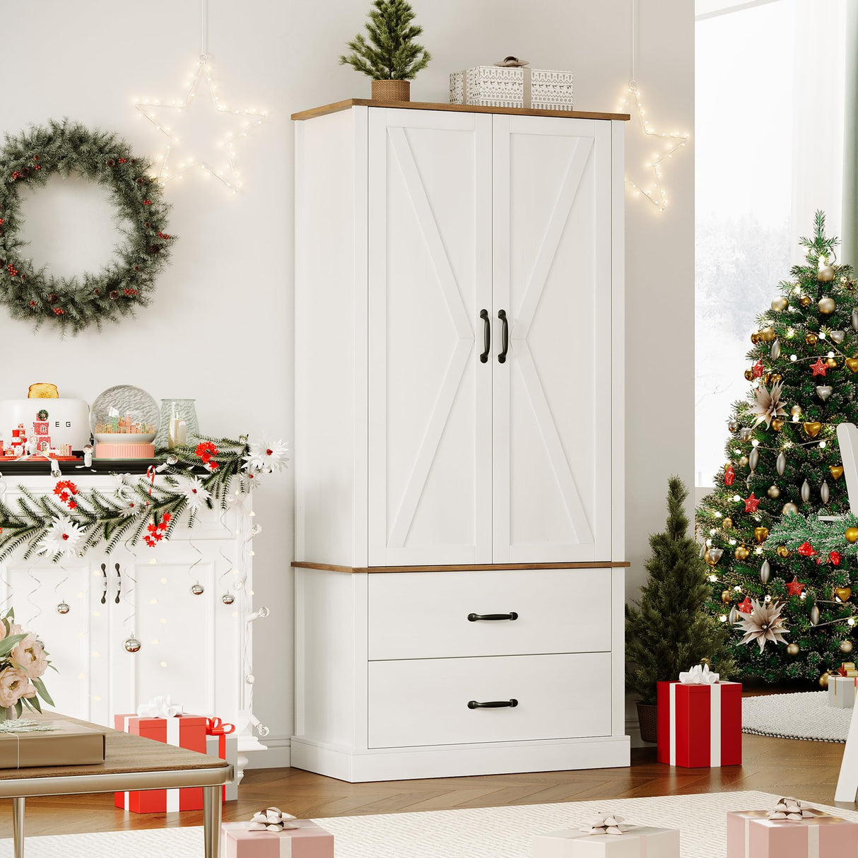 GarveeHome Kitchen Pantry Cabinet, Farmhouse Storage Cabinet with Barn Doors, Drawers and Adjustable Shelves, Versatile Storage for Kitchen, Dining Room, Rustic White GarveeHome