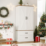 GarveeHome Kitchen Pantry Cabinet, Farmhouse Storage Cabinet with Barn Doors, Drawers and Adjustable Shelves, Versatile Storage for Kitchen, Dining Room, Rustic White GarveeHome