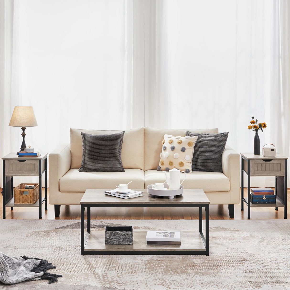 Yaheetech Nightstand Set of 2, Bedside Table with Drawer & Storage Shelf, Wood Side Table Night Stand with Removable Fabric Bag for Bedroom/Living Room, Gray Yaheetech