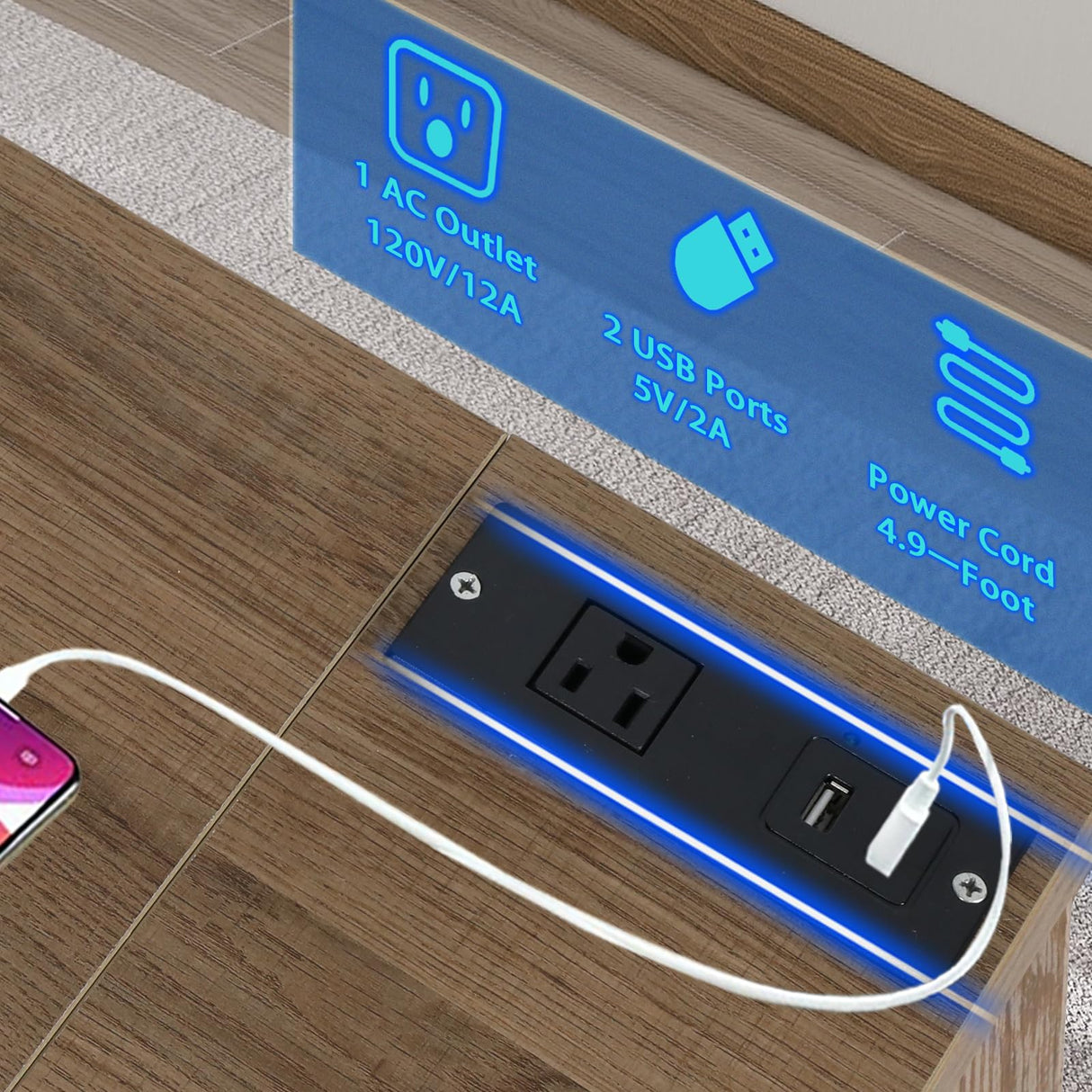 VIWODS Nightstand with Charging Station and LED Lights, Bedside Table with Solid Wood Legs for Bedroom, Oak and Yellow VIWODS