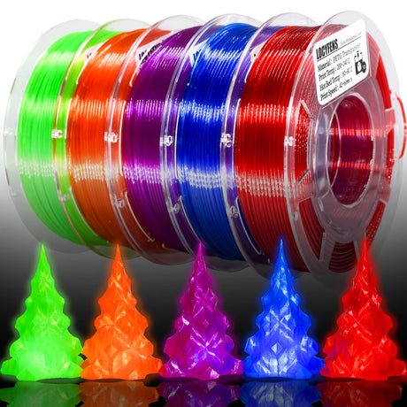 LOCYFENS PETG Filament 1.75mm, Clear Transparent Filament 5 Colors, 3D Printer Filament Bundle Multicolor, 1.75 PETG +/- 0.02mm, 3D Printing Red Green Blue Purple Orange 200g x 5 Spools LOCYFENS