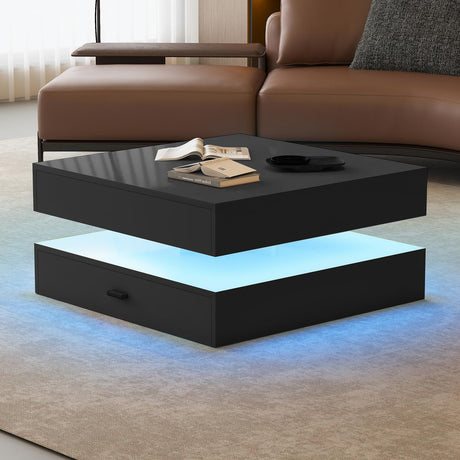 LED Coffee Table for Living Room,2-Tier Square Center Table with Storage Drawers,31inch Wooden High Gloss Contemporary Mid Century Table with 24-Color Plug-in LED Light for Home Office Waiting Room Etemnozon