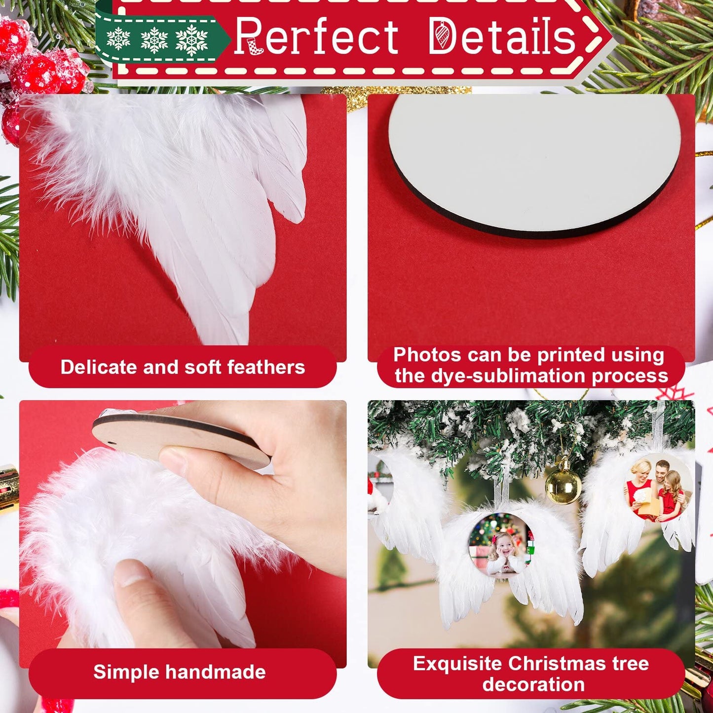 Christmas Sublimation Ornament Blank Decor White Angel Wings DIY Xmas Ornament Craft Hanging, Feather Hanging with Pendants for Christmas Tree Angel Wings Decor(24 Pcs,Round Style)