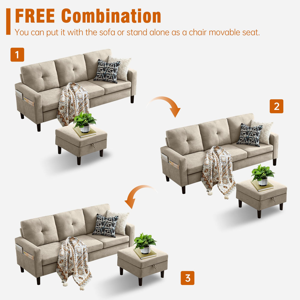 Pingliang Home 79" Sectional Sofa Couches for Small Spaces, L Shaped Couch with Storage Ottoman, 3 Seats Sectional Sofas for Living Room, Apartment-Friendly Couch, Easy Assembly Fabric Sofa (Beige) Pingliang Home