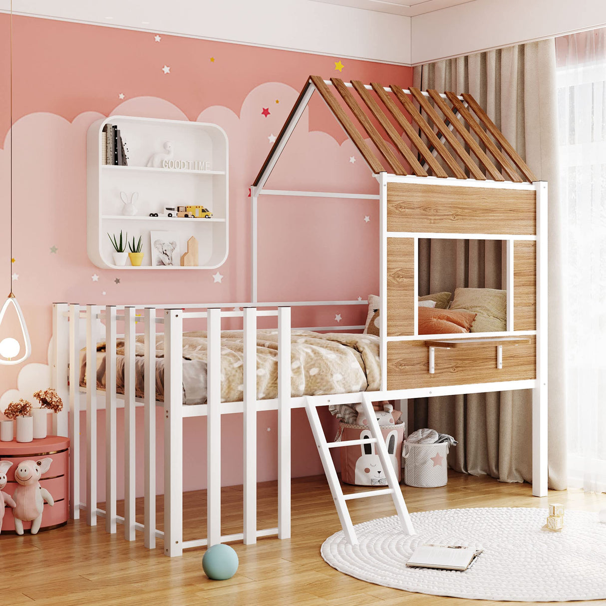 Harper & Bright Designs Kids House Beds Low Loft Bed Frame with Roof, Window, Guardrail and Ladder, Metal Twin Size Loft Bed for Kids Teens Girls Boys (Twin, White) Harper & Bright Designs