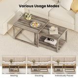 Giantex Nesting Coffee Table Set of 2, Stackable 2-Tier End Tables with Storage Shelf, Rubber Wood Frame, Farmhouse Nesting Tables for Living Room Bedroom Small Space, Grey Oak Giantex