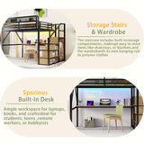 Queen Size Loft Bed with Stairs and Desk, Heavy Duty High Loft Bed Queen with Storage, Upper Shelf and Wardrobe for Kids Teens, Adults Teens No Box Spring Needed, No Noise, Black Duxelifin