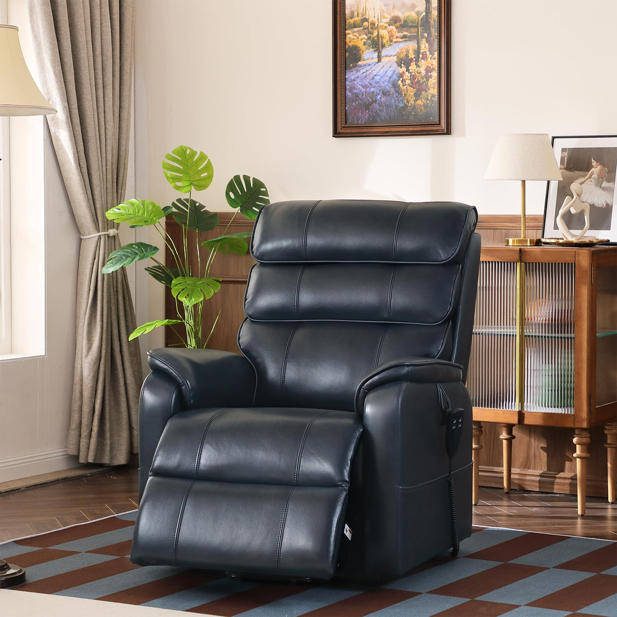 DYNOX 350 LBS Power Lift Recliner Chair for Elderly, Medium Size Dual Motor Lay Flat Infinite Positions Recliner with Heat & Massage (9188, Genuine Leather, Dark Blue) DYNOX