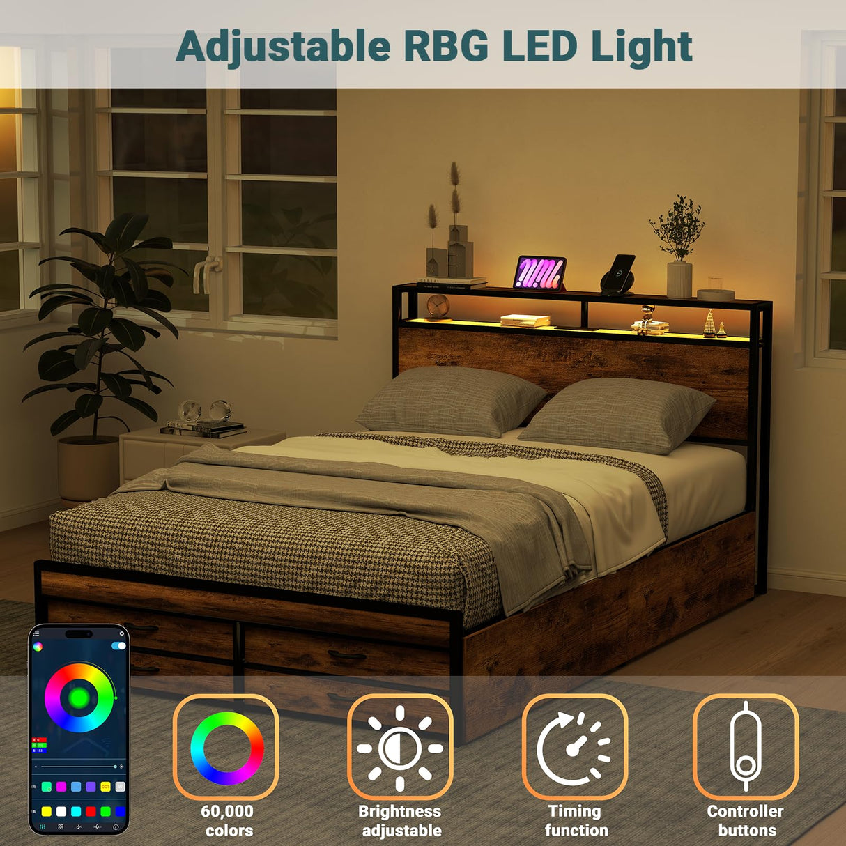 Zevemomo Queen Bed Frame with 8 Storage Drawers, Queen Metal Bed Frame with LED Light and Charging Station, Heavy Duty Metal Slats, No Box Spring Needed, Rustic Brown Zevemomo