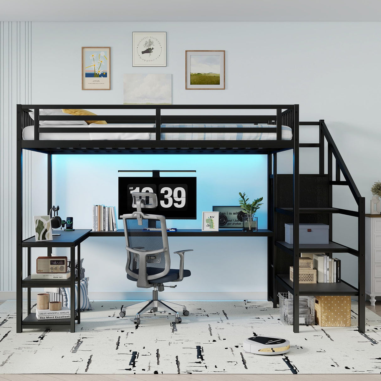 Queen Size Loft Bed with Desk and Stairs, Gaming Loft Bed with RGB LED Light and Storage, Heavy-Duty Metal Loft Beds Frame with Wardrobe, Shelves and Charging Station for Adults Kids Teens, Black Mirightone