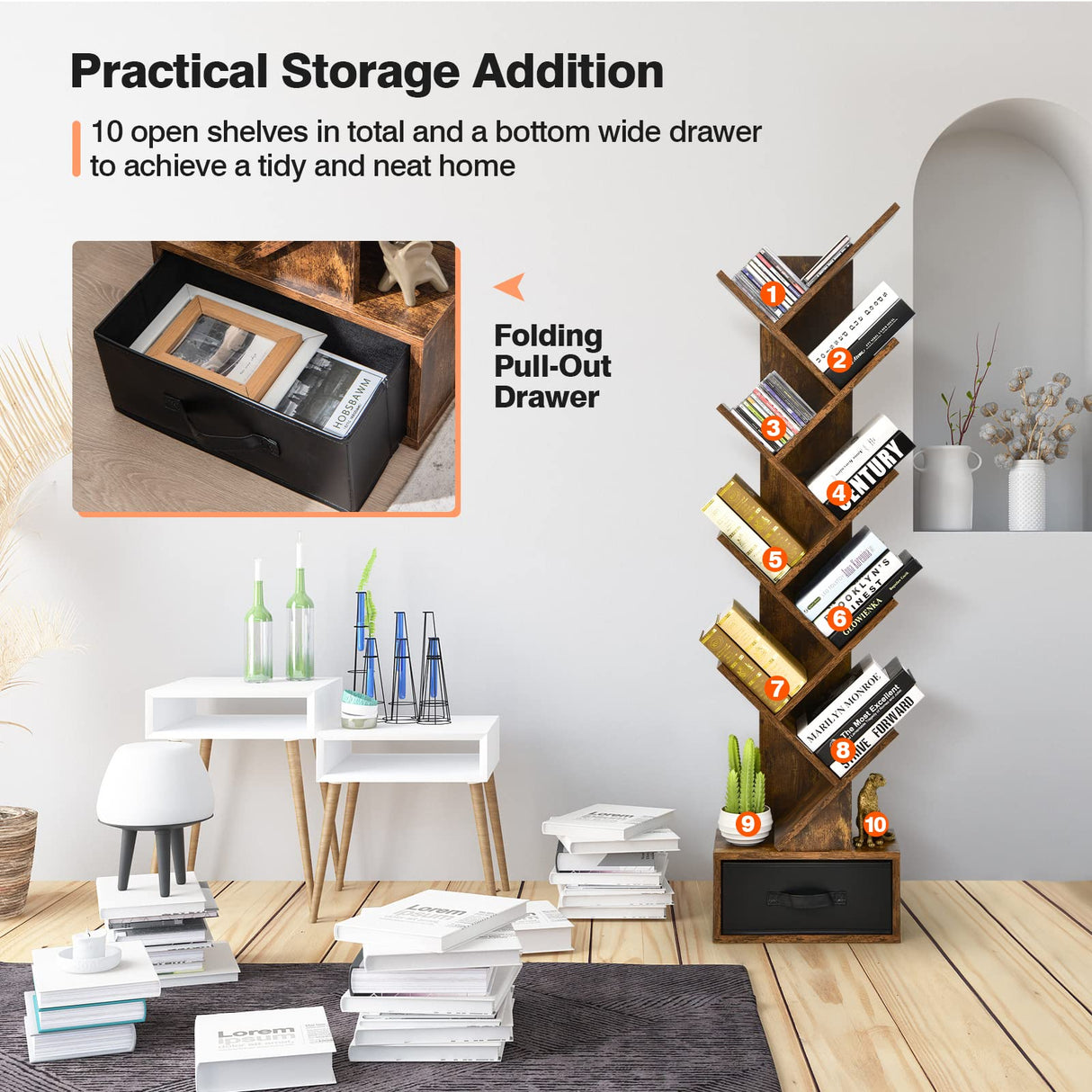 Tangkula 10 Tier Tree Bookshelf with Drawer, Floor Standing Storage Rack for CDs, Movies & Books, Display Utility Shelves for Bedroom, Living Room & Home Office (Rustic Brown, 10 Tier) Tangkula
