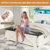 DICTAC Farmhouse Queen Bed Frame with Storage Headboard, Charging Station and LED Lights Queen Size Platform Bed Frame with Storage Ottoman, Metal Slats Support, No Box Spring Needed, Antique White DICTAC