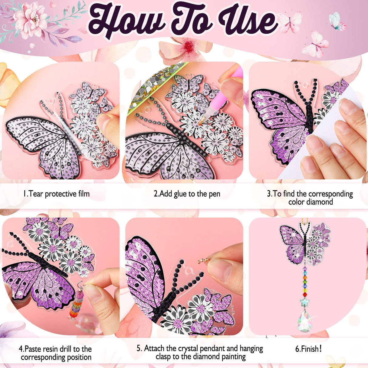 Tradder 6 Pcs Spring Butterfly Diamond Painting Wind Chimes Diamond Painting Suncatcher Art Kit Double Sided Butterfly Ornaments 5d Rhinestone for Spring Home Garden Tradder