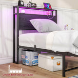 HOJINLINERO Twin Bed Frame with Storage Headboard/LED Lights,Metal Bed Frame Twin Size with Charging Station,Twin Platform Bed Frame No Box Spring Needed,Beds Base,Heavy Duty Metal Slats Support,Black HOJINLINERO