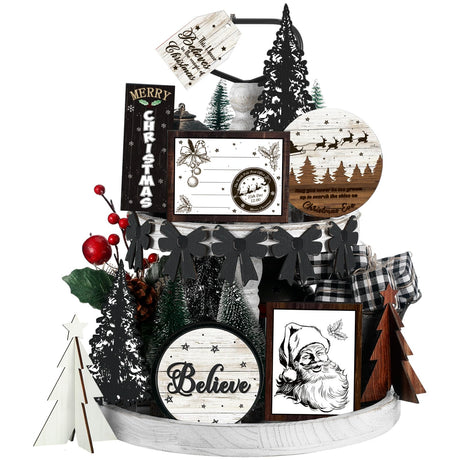 FairySandy Christmas Tiered Tray Decor Wooden Sign Farmhouse Tier Tray Decorations for Home Xmas Winter Party Bathroom Kitchen Bedroom (Stylish Style, 15 Pcs) FairySandy