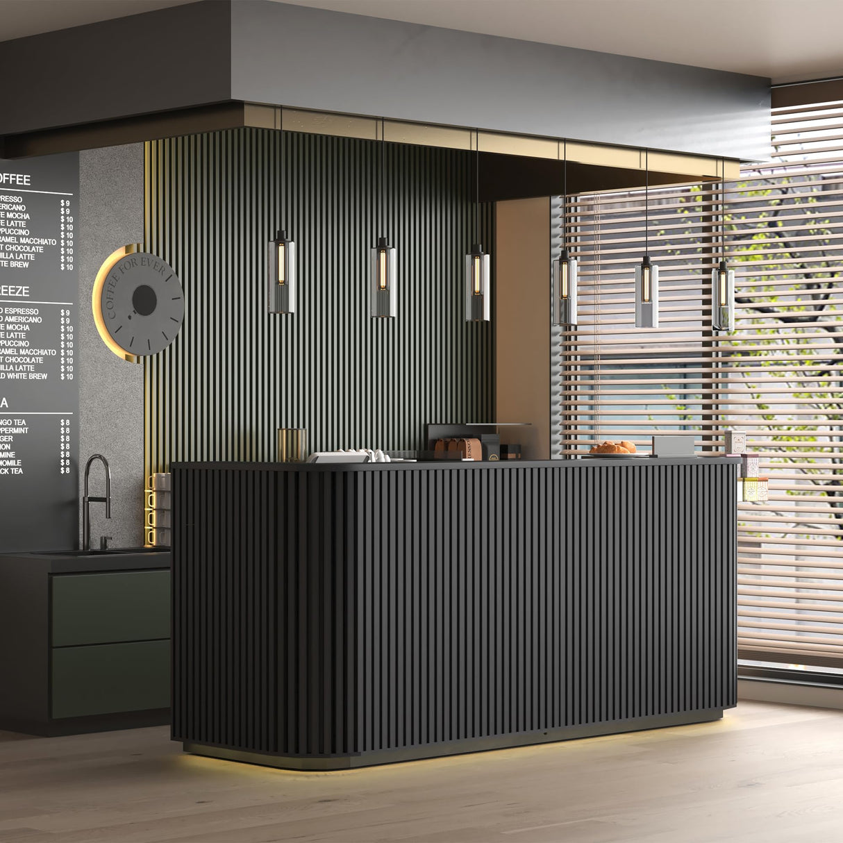 ONNAHOMEStlyle 70.87in Black Curved Reception Desk with Lock Counter, Mid Century Front Desk Reception Room Table with LED Lights, Retail Counter for Checkout, Lobby, Beauty Salon ONNAHOMEStlyle