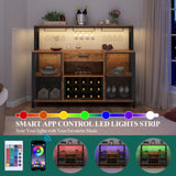 Gyfimoie Wine Bar Cabinet with Drawer, LED 55 Inches Industry Coffee Bar Cabinet with Wine Rack and Glass Goblet Holder, Kitchen Sideboard Buffet Cabinet for Liquor and Goblet Gyfimoie