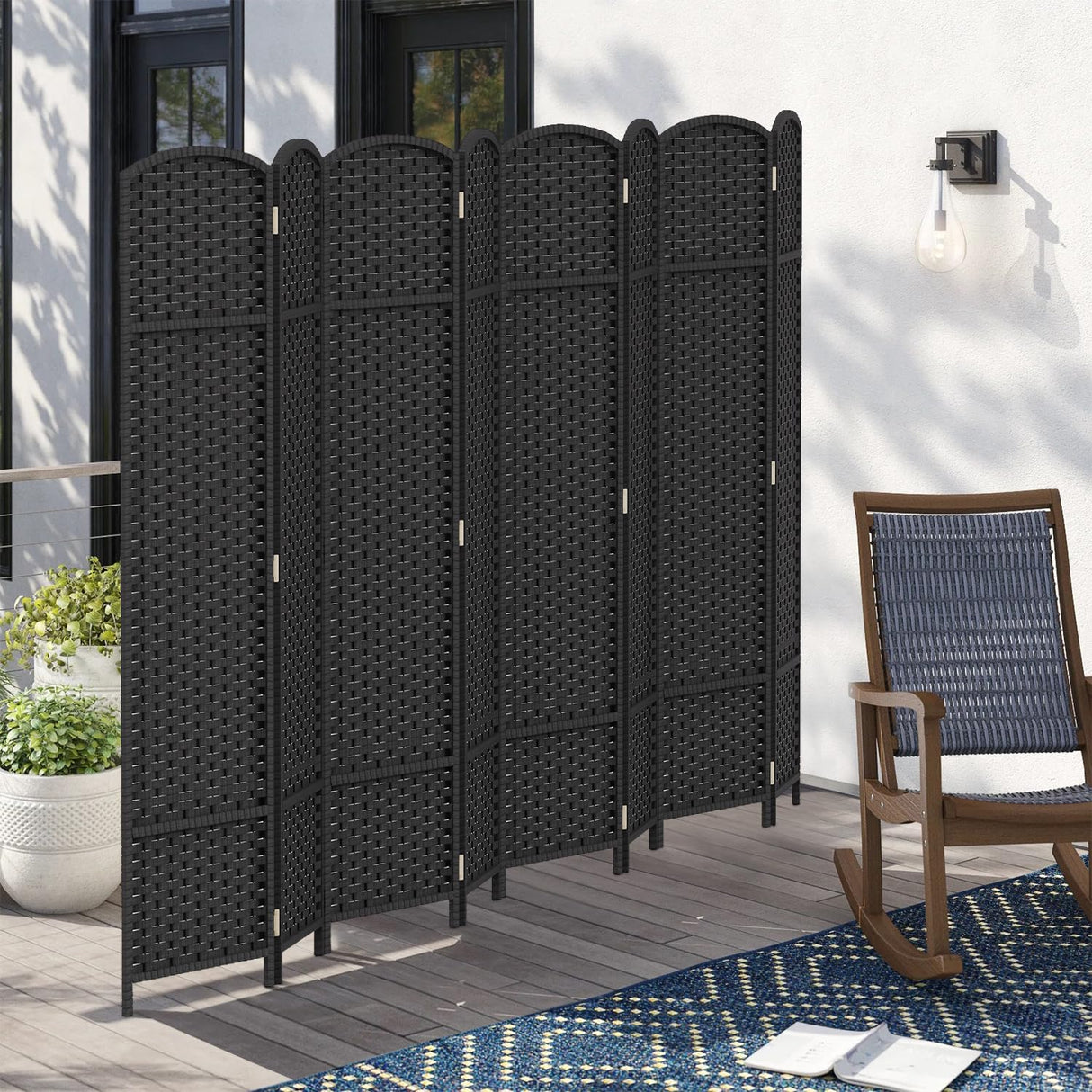 Room Divider 8 Panel Screen 5.6 Ft Tall Partition Room Dividers Black Privacy Screens Folding Room Separation Free Standing Waterproof Wood Frame Wall Divider FDW