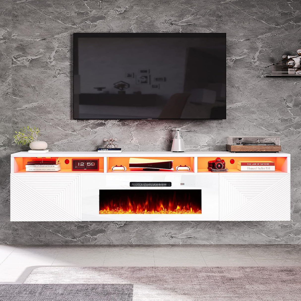 AMERLIFE 70in Floating Fireplace TV Stand with 36" Electric Fireplace and LED Lights, Wall Mounted Entertainment Center with Storage, Modern Media Console for TVs Up to 80", White AMERLIFE