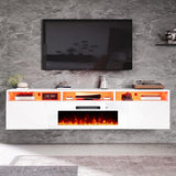 AMERLIFE 70in Floating Fireplace TV Stand with 36" Electric Fireplace and LED Lights, Wall Mounted Entertainment Center with Storage, Modern Media Console for TVs Up to 80", White AMERLIFE